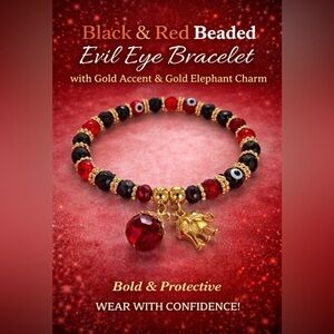 Evil Eye Bracelet with Red & Black Beads and Gold Elephant Charm